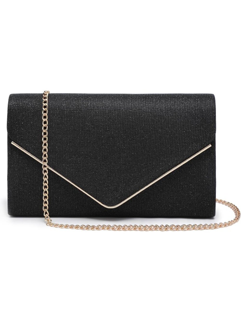 Women's Black Glitter Clutch With Chain Strap For Wedding Prom Evening Bag